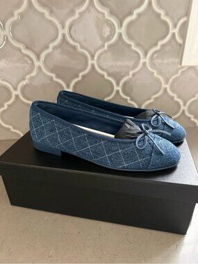 Chanel Denim Bow Ballet Flats CC Logo Blue